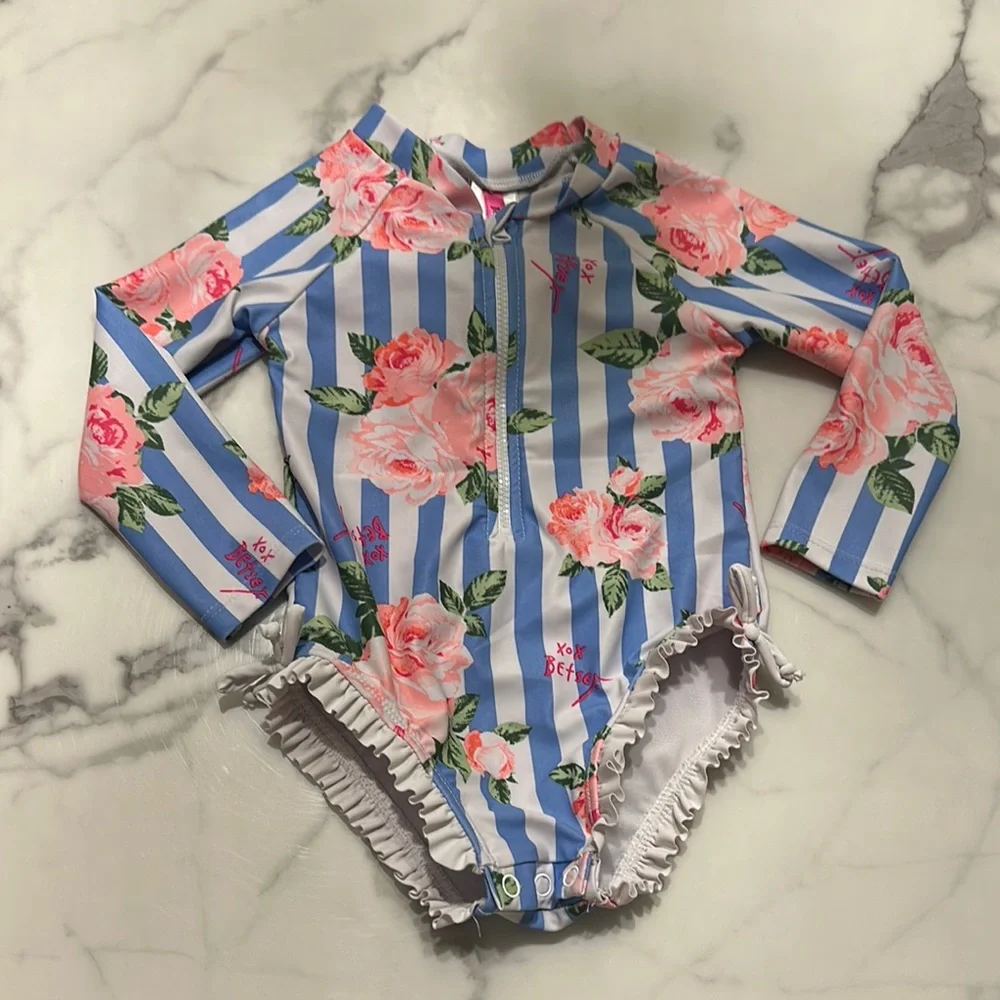 Betsey Johnson Pink Floral and Blue Striped Swimsuit